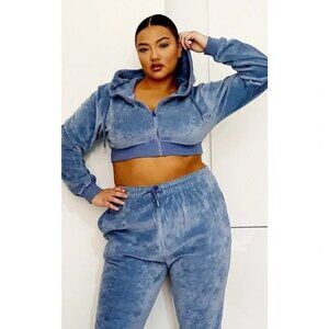 NWT Prettylittlething Dusty Blue Diamante Graphic Zip Hoodie Womens Plus Size 14